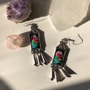 Embroidered silver dangle earrings